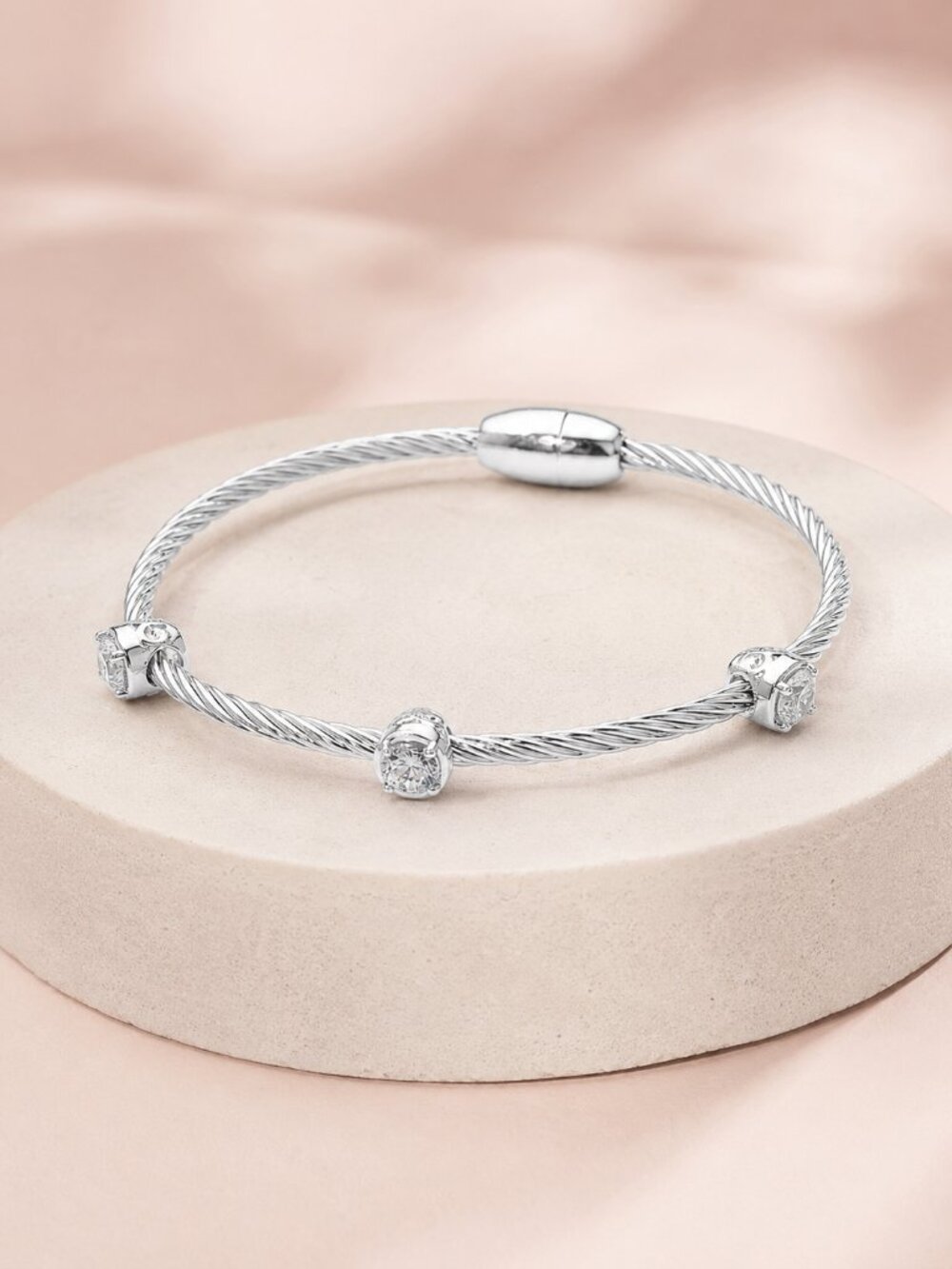 14K White Gold Filled Triple CZ Stone Twisted Cable Magnetic Bangle Bracelet